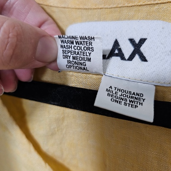 FLAX Linen Button Up Short Sleeve Top Womens Large Yellow Lagenlook Coastal - Picture 7 of 7